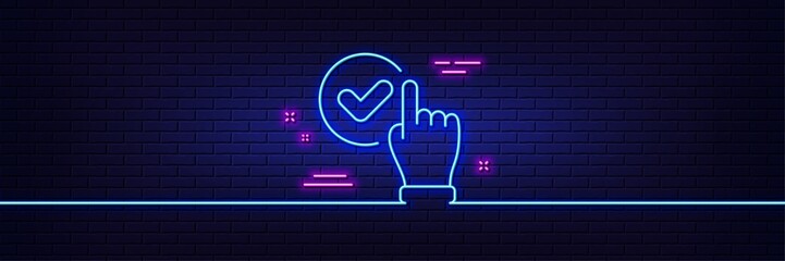 Neon light glow effect. Checkbox line icon. Approve sign. Confirmed click symbol. 3d line neon glow icon. Brick wall banner. Checkbox outline. Vector
