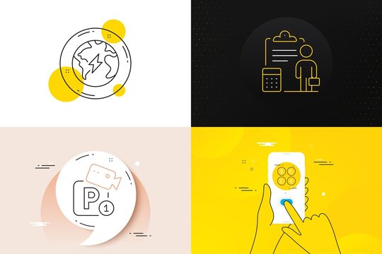 Minimal set of Parking security, Accounting and Electricity line icons. Phone screen, Quote banners. Money currency icons. For web development. Video camera, Report clipboard, Electric energy. Vector