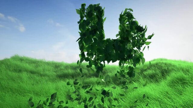 A hydrogen molecule assembled from green leaves on a blue sky in a field of green grass. Concept of green hydrogen from renewable sources. Green energy.