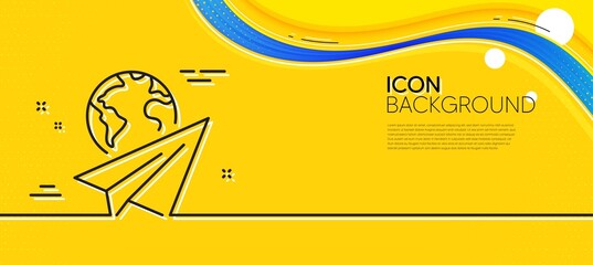 Paper plane line icon. Abstract yellow background. International flight sign. Online travel symbol. Minimal paper plane line icon. Wave banner concept. Vector - obrazy, fototapety, plakaty