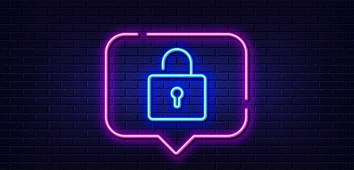 Neon light speech bubble. Lock line icon. Private locker sign. Password encryption symbol. Neon light background. Lock glow line. Brick wall banner. Vector