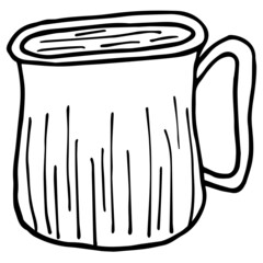 Simple hand-drawn black and white linear clipart of the steel mug with drink. Cartoon rough vector sketch isolated on transparent background