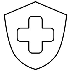 Obraz premium Black and white outline icon of a cross or plus sign inside the shield. Simple minimalistic modern symbol with editable line thickness, isolated on transparent background