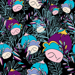 Forest pattern with a silhouette of a girl's face among the branches and leaves. Design on a purple background for printing on fabric, factory packaging, stationery, backdrop.
