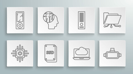 Set line Processor, Human brain as digital circuit board, SSD card, Cloud technology data transfer and storage, Virtual reality glasses, Video game console, Folder lock and Music player icon. Vector