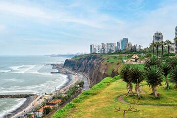 View of the ocean and Miraflores district in Lima, Peru.