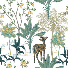 Tropical ink drawn palm trees, fawn animal summer floral seamless pattern.Exotic safari wallpaper. - obrazy, fototapety, plakaty