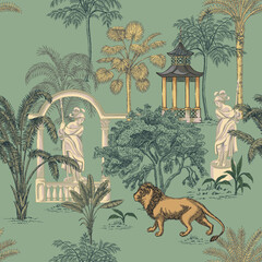 Tropical ink drawn palm trees,  lion animal, pagoda, sculpture summer floral seamless pattern. Exotic safari wallpaper.