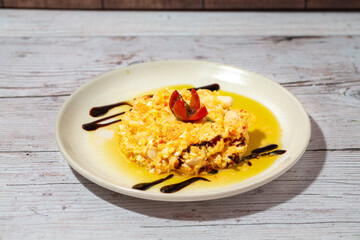 Russian salad with prawns and cherry tomato