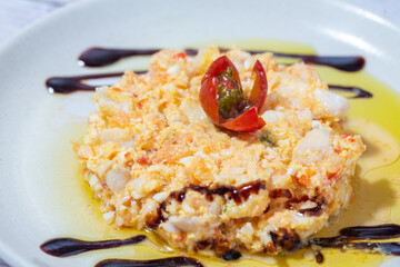 Russian salad with prawns and cherry tomato