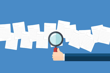 Employer with magnifying glass exploring documents