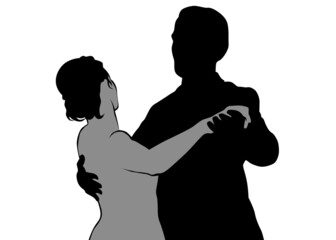 Couple of young guy and girl dance at wedding on white background