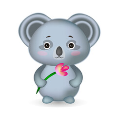 Vector 3d illustration, cute koala is holding a tulip. Kawaii shy cartoon animal. Suitable for cards, baby products, children's books, goods.