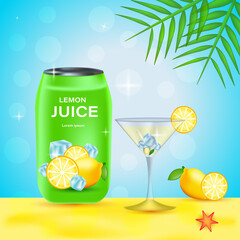 Aluminum can lemon juice product advertising with realistic glass and lemons on blurred shiny summer background.