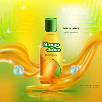 Realistic cool mango juice bottle and ice cubes product advertising with mango liquid splash on green yellow background.