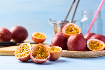 Passion fruit from local market on blue background, Tropical fruit in spring and summer season