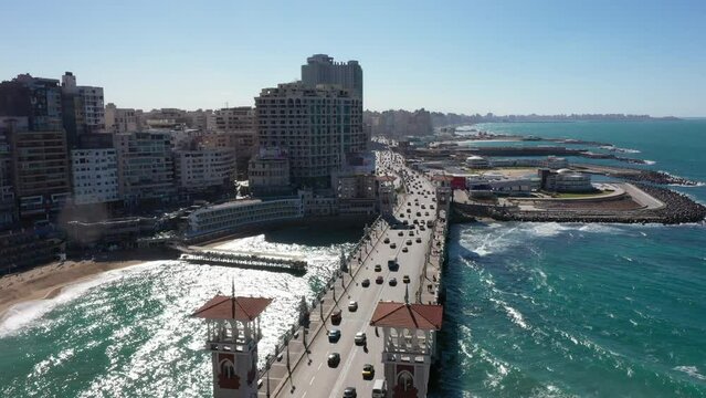 Rare Aerial Drone shot of Stanley Bridge at noon in Alexandria, Egypt