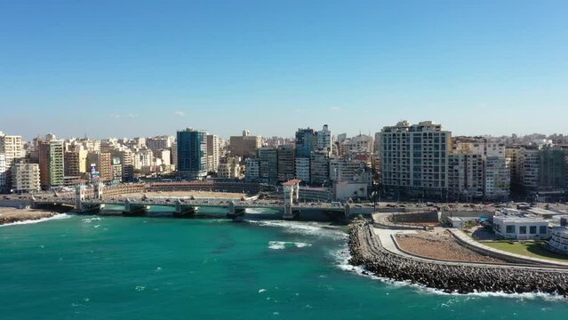 Aerial Drone shot of Alexandria Corniche, Stanley Bridge, and Beautiful Beach (Alexandria, Egypt)