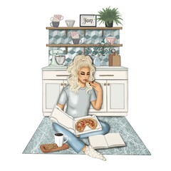 Blonde Girl Eating Pizza Isolated On A White Background Hand Drawn Illustration	