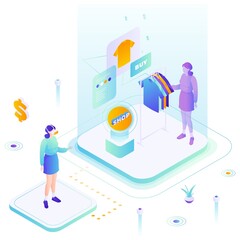 Metaverse vector woman at virtual shop illustration