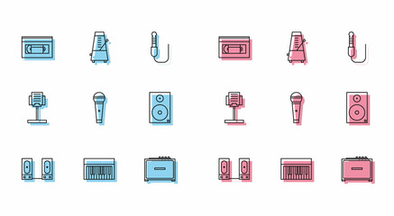 Set line Stereo speaker, Music synthesizer, VHS video cassette tape, Guitar amplifier, Microphone, stand and Metronome with pendulum in motion icon. Vector