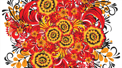 Fototapeta na wymiar Painting Khokhloma Russia of bright red flowers and berries on white background. Abstract fractal transformation background. Red Khokhloma on a white background