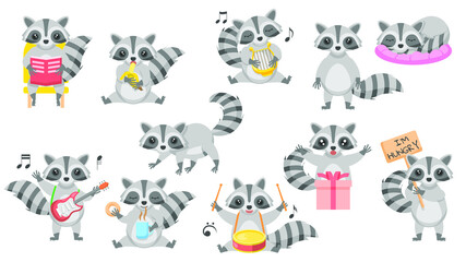 Big Set Abstract Collection Flat Cartoon Different Animal Raccoons Vector Design Style Elements Fauna Wildlife