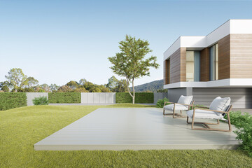 3d rendering of luxury house with large wood deck and lawn yard. - obrazy, fototapety, plakaty