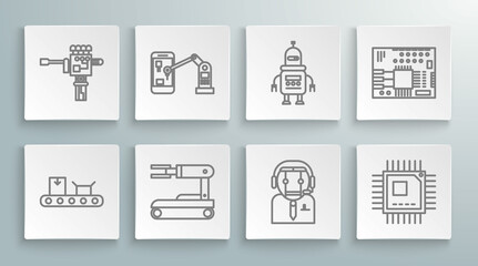 Set line Conveyor belt with cardboard box, Industrial machine robotic robot arm hand, Robot, Worker, Processor microcircuits CPU, Printed PCB and Mechanical screwdriver icon. Vector