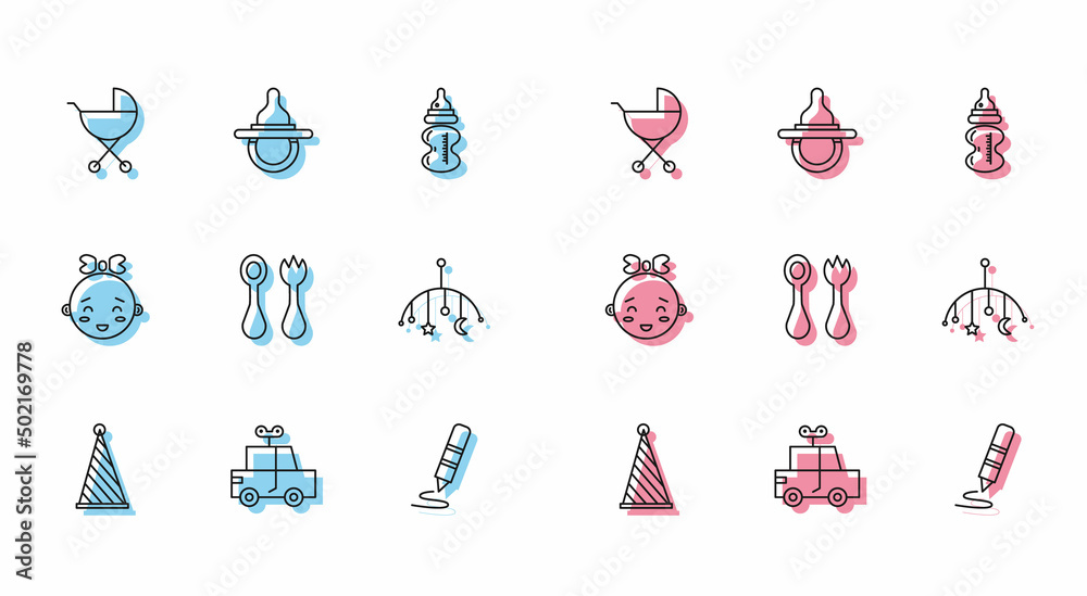 Sticker Set line Party hat, Toy car, Baby stroller, Wax crayon for drawing, cutlery with fork and spoon, crib hanging toys, Happy little girl head and dummy pacifier icon. Vector