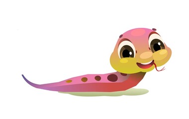 Cheerful baby pink snake. Cartoon style illustration. Cute childish character. Isolated on white background. Vector