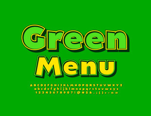 Vector trendy template Green Menu with modern Font. Decorative Alphabet Letters, Numbers and Symbols set