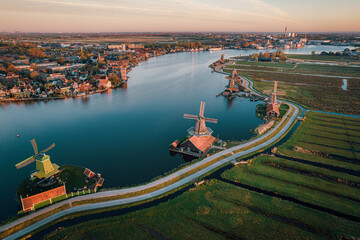Aerial view of the historical village with old windmills in Zaanse Schans, Netherlands