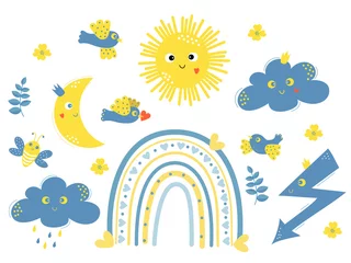  Collection of decorative yellow and blue birds and bees, Scandinavian rainbow with heart, mile sun and moon, cloud, rain and lightning. Vector illustration. Isolated elements for decor, design, print © Ludmila