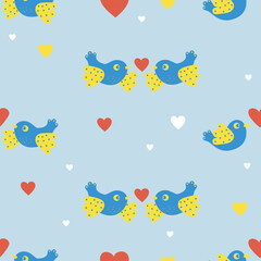 Seamless pattern with pair of decorative birds with heart on light blue background. Vector illustration for decor, design, decoration, printing, textile and packaging, wallpaper