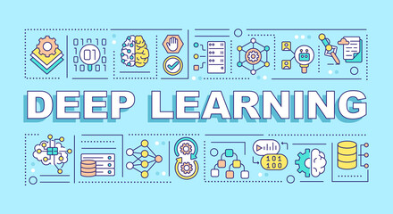 Deep learning word concepts blue banner. Neural network. Machine learning. Infographics with icons on color background. Isolated typography. Vector illustration with text. Arial-Black font used
