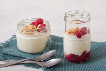 Healthy nutrition food, plain Greek yogurt, fresh raspberries and crushed hazelnuts on white background.