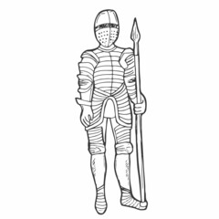 Fototapeta na wymiar Doodle Knight Icon. Realistic Armored Knight drawing. History and Medieval concept.