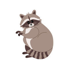Cute funny raccoon standing on the hind legs. Adorable fluffy animal. Hand drawn color vector illustration isolated on white background. Modern flat cartoon style.