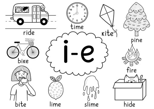 I-e digraph spelling rule black and white educational poster for kids with words. Learning i-e phonics for school and preschool. Phonetic worksheet. Vector illustration
