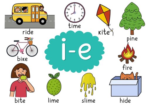 I-e Digraph Spelling Rule Educational Poster For Kids With Words. Learning I-e Phonics  For School And Preschool. Phonetic Worksheet. Vector Illustration