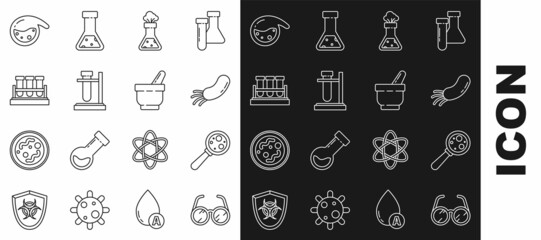 Set line Laboratory glasses, Microorganisms under magnifier, Bacteria, Test tube and flask chemical, on stand, and Mortar pestle icon. Vector