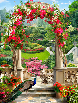 City park. A terrace with a flower arch. Entrance to the park. Photo wallpapers. Wallpaper on the wall.