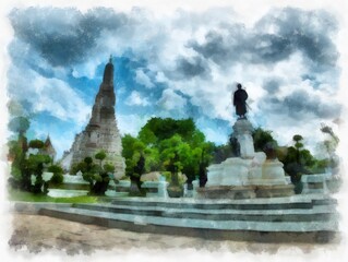 Fototapeta na wymiar Landscape of ancient architecture and ancient art in Bangkok of Thailand watercolor style illustration impressionist painting.