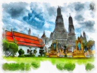 Naklejka premium Landscape of ancient architecture and ancient art in Bangkok of Thailand watercolor style illustration impressionist painting.