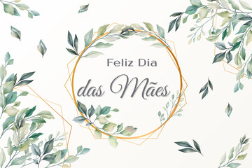 cartão ou banner "Dia das Mães" em cinza com círculo dourado e diamante em tons de folhagem verde e folhagem verde ao redor sobre fundo off-white