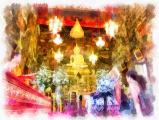 Landscape of ancient architecture and ancient art in Bangkok of Thailand watercolor style illustration impressionist painting.