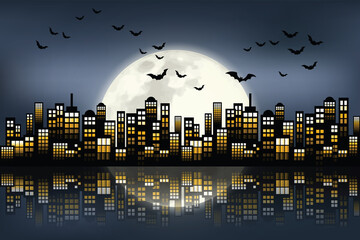 cartoon style night city skyline background Swarm of bats flying above the sky in the night of the full moon.