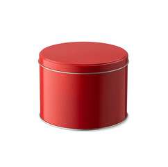 Round red glossy tin can with lid isolated on white.