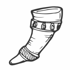 Big aged cow bone tusk beer bowl on white backdrop. Freehand line black ink hand drawn folk object design logo emblem sketch in archaic art doodle style pen on paper. Close up view with space for text